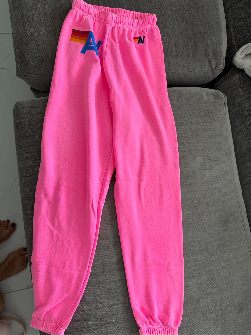 Aviator Nation Neon Pink Sweatpants with Rainbow Emblem